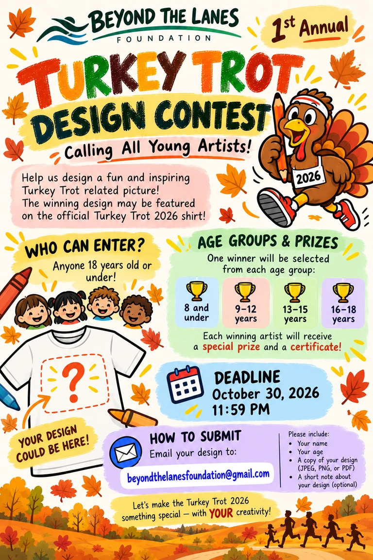 Turkey Trot Design Contest 2026 poster featuring a turkey holding a pencil