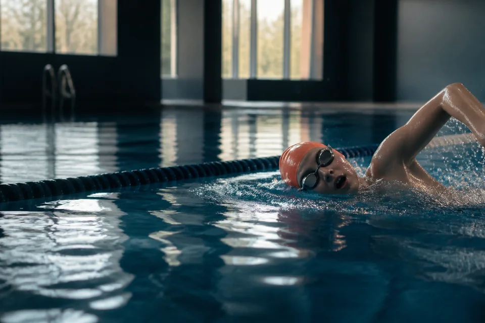 A swimmer practicing in a pool lane